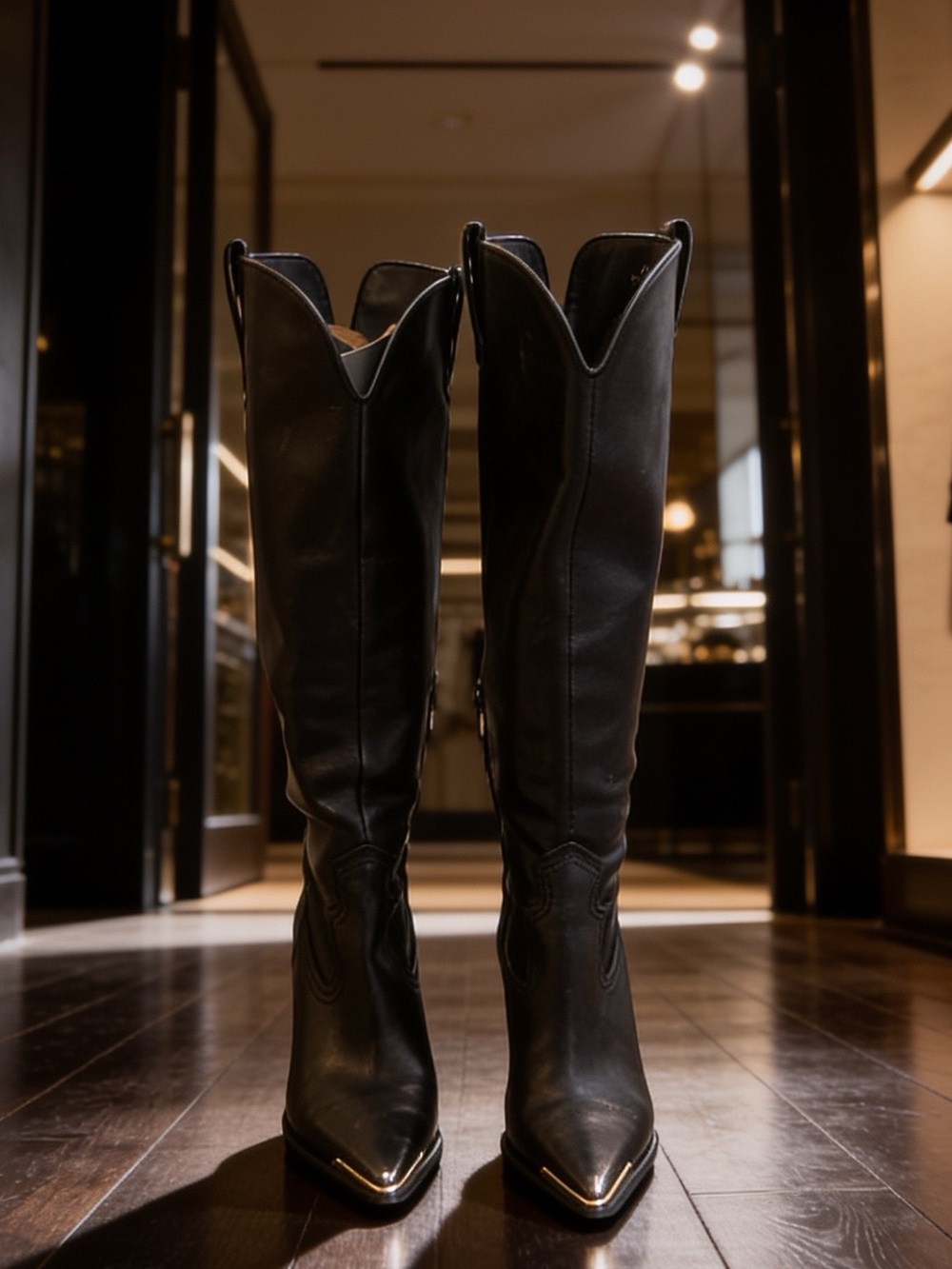 Women's Black Knee-High Pointed-Toe Cowboy Boots